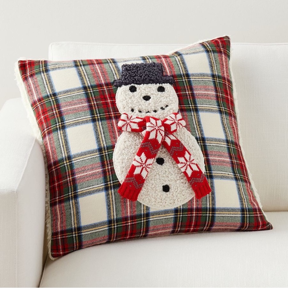 Pottery Barn Cute and Cuddly Archie The Snowman Applique Plaid Pillow Cover ☃️